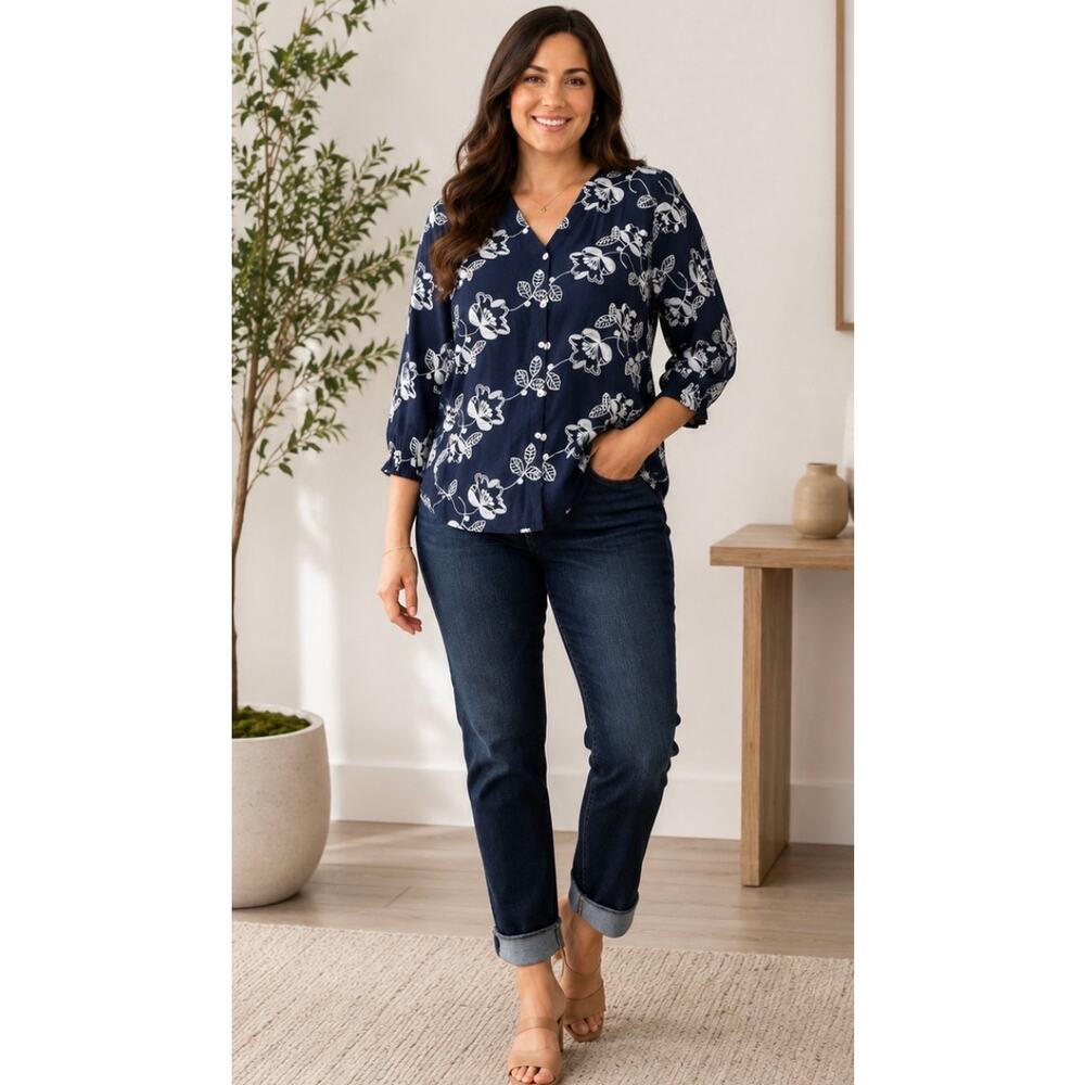 Ana & Rose XL Navy Floral Button Front Boho Blouse 3/4 Sleeve Top